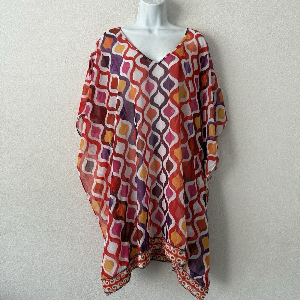 Trina Turk Geometric Ogee Tunic Kaftan Dress Sheer Chiffon Swim Cover Up O/S